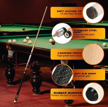 Joshmar Profi Pool Stick - Преміум кий для більярду. Виготовлений з канадського твердого дерева, з аксесуарами.