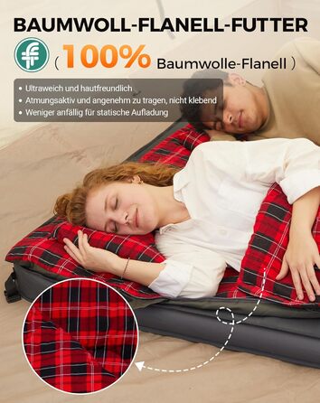 Спальний мішок KingCamp на 2 особи з фланелі, зимовий, для кемпінгу та відпочинку на природі, 3-4 сезони, з 2 подушками, підходить для дітей та дорослих (зелений)