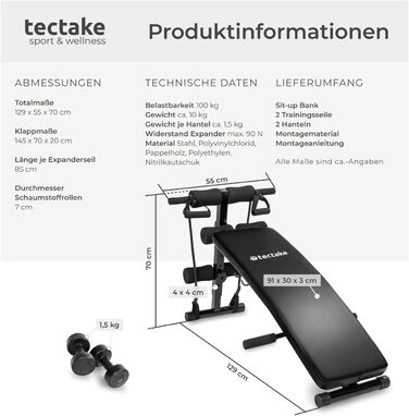 Тренажер для преса Tectake багатофункціональний, лава для скручувань, домашній спортзал, регульована висота, складана лава для гантелей з гантелями та тросами