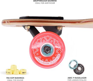 Longboard BTFL MAYA для дітей від 5 років з підшипниками ABEC 9, Drop Through Cruiser, скейтборд для початківців та досвідчених райдерів, фрірайд та для вулиць