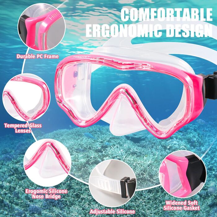 Набір для снорклінгу для дітей HIKOTEY, сухий сноркель, маска для снорклінгу з антизапітніюючим покриттям, водонепроникні затички для вух, рожевий (B1)