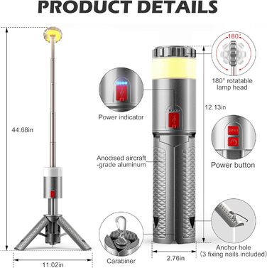 Ліхтар кемпінговий Favorlite телескопічний, акумуляторний, 15 режимів, 10000 mAh, з гаком, водонепроникний, для походу та надзвичайних ситуацій