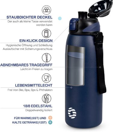 Термобутилька FJbottle з нержавіючої сталі 800 мл, герметична спортивна пляшка для води, школи та фітнесу, BPA-free, темно-синя