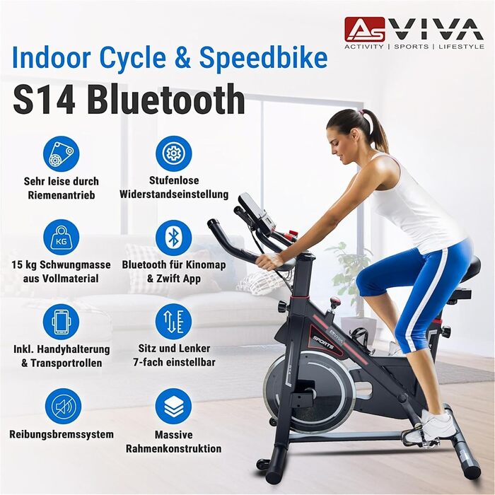 AsVIVA S14 Indoor Cycle Speedbike: фітнес-велотренажер з 15 кг маховиком, Bluetooth-комп'ютером, сумісний з додатками, регульоване сідло та плавний опір