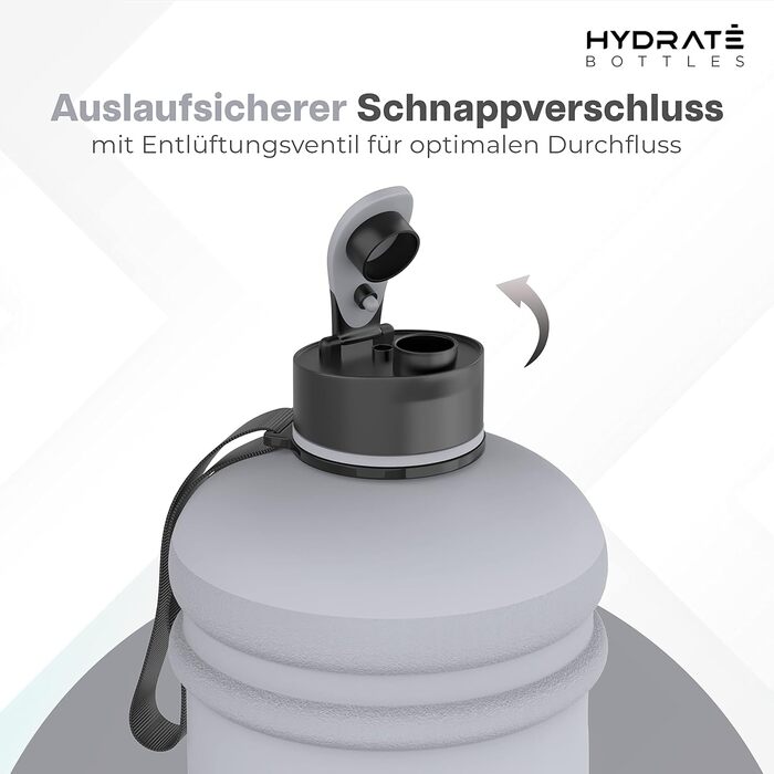 Фляга для води HYDRATE XL 2,2 л - для спортзалу, спорту та подорожей, без BPA, витривала, сіра, 2200 мл