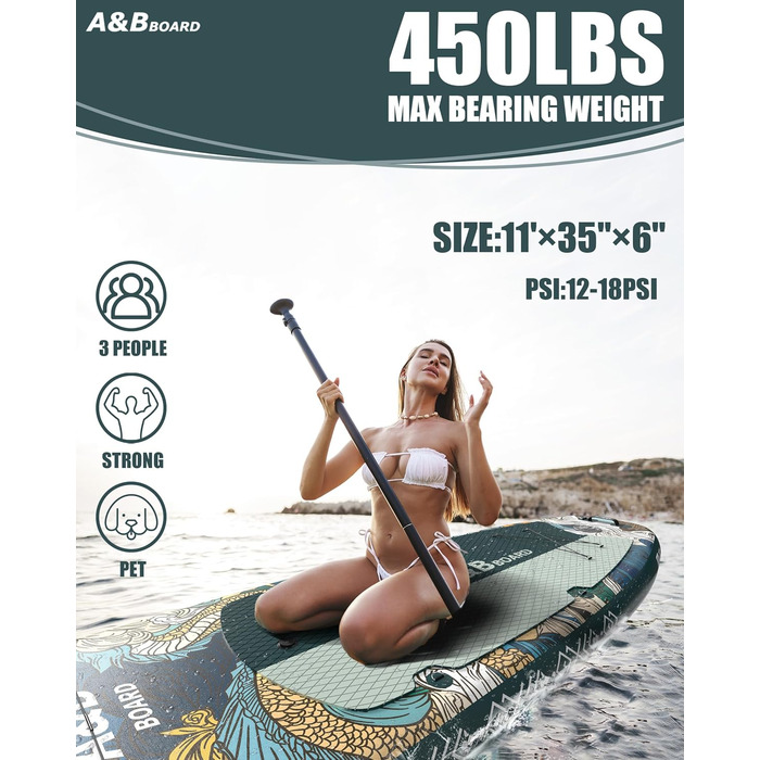 Надувний SUP-борд A&BBOARD з аксесуарами, 335x88 см, подвійна помпа, рюкзак, стабільний дизайн, для молоді та дорослих, колір Лава Грін + Дракон