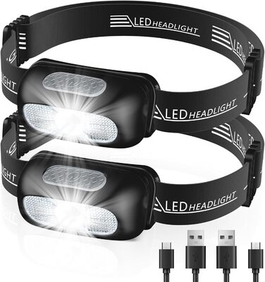 Налобний ліхтар LED, перезарядна модель з червоним світлом та 5 режимами, водонепроникний IPX4, регульований, для бігу, кемпінгу, велоспорту, 2 шт.