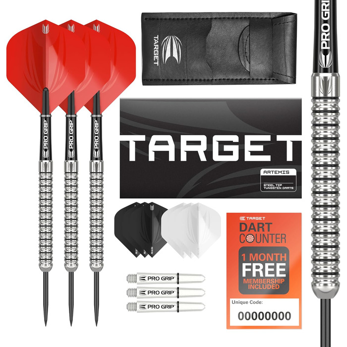 Дротики Target Darts Artemis 21-26 г вольфрамові з металевим вістрям, комплект: 6 Pro Grip шафтів, 9 Pro Ultra лайнерів, чохол для дротиків, купон на додаток Dart Counter