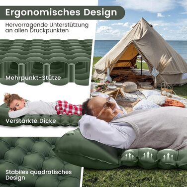 Каремат самонадувний туристичний Tuocal Isomatte, 9 см, Ultralight, з подушкою та насосом, Anti-Ripstop, для кемпінгу, подорожей, намету (Армійний зелений)