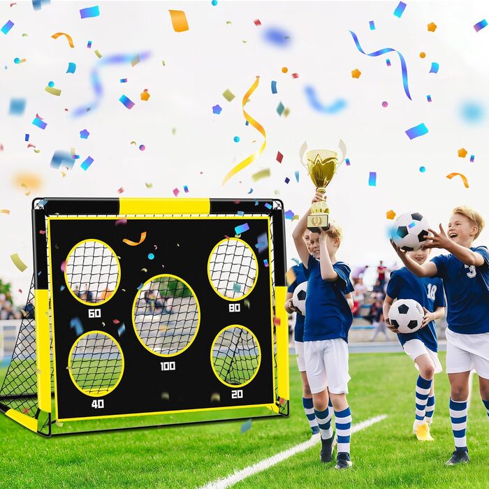 Дитячі воріта для футболу 2-в-1, 150х120 см, портативні та стабільні, з 5 цілями, 4 анкери та сумка, для саду, парку, пляжу (жовті)