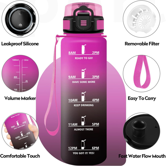 Спортивна пляшка 1л з маркуванням часу, фільтром, для газованої води, велосипеда, бігу, дорослих, 1000 мл, фіолетово-чорна