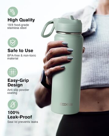 Фляга Coolflask 1,2 л з ізоляцією та трубочкою, нержавіюча сталь, 3 кришки, для спорту та офісу, зберігає холод до 48 годин, тепло до 24 годин, сіро-зелений колір