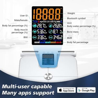 Вага для вимірювання жиру в тілі з датчиками на ручках, вага з великим дисплеєм, 8 високоточних сенсорів та APP, персональна вага з аналізом жиру (32 показники) (Біла)