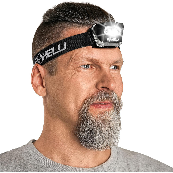 Foxelli LED налобний ліхтар - для дорослих та дітей, біг, кемпінг, походи, ліхтар з білим та червоним світлом, легкий водонепроникний, зручний наголовний світильник, 3 AAA батарейки в комплекті (Чорний)