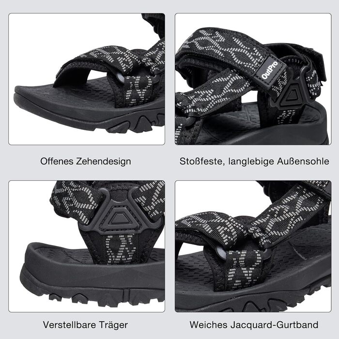 Чоловічі сандалі для туризму та відпочинку Trekking Sandalen 44 EU, чорні. Нековзні, зручні спортивні сандалі для пляжу та активного відпочинку.