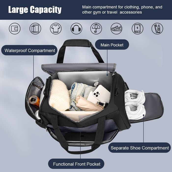 Спортивна сумка для подорожей з відділенням для взуття та вологих речей, водонепроникна сумка для фітнесу, плавання та залу, чорна (унісекс)