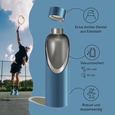 Термопляшка Waterdrop Edelstahl 600 мл блакитна матова: не протікає, для газованих напоїв, без BPA, подвійні стінки, для офісу, фітнесу та подорожей