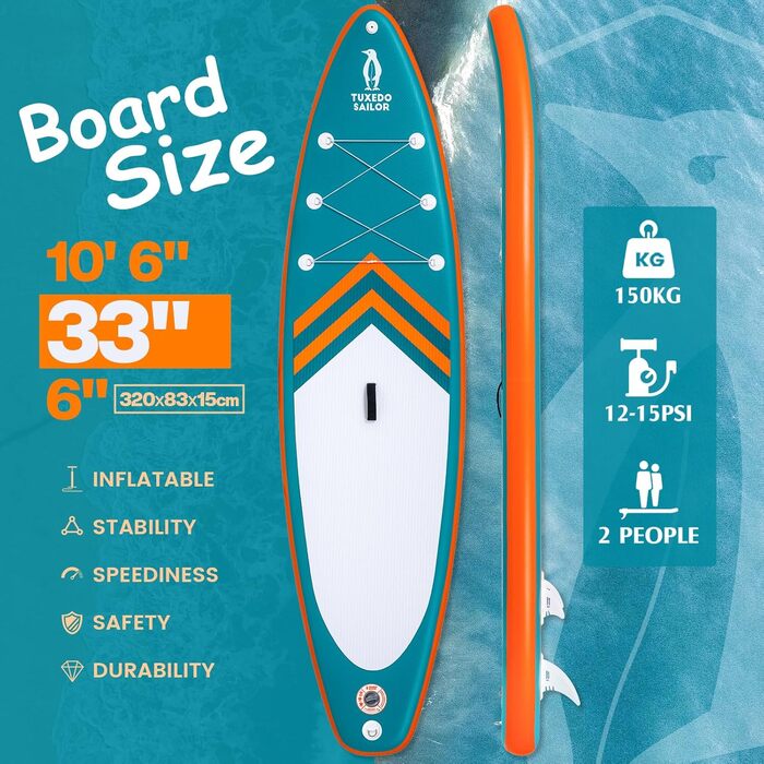 Надувний SUP борд Tuxedo Sailor Stand Up Paddle Board з аксесуарами, для дорослих та підлітків, блакитний та жовтий (зелений та помаранчевий)