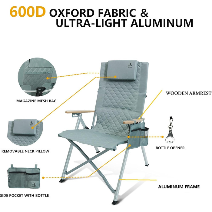 Крісло для кемпінгу складне, з регульованою спинкою в 4 положеннях, до 150 кг, з підстаканником та бічною кишенею, для риболовлі, відпочинку на природі, саду, балкону (Цянь)