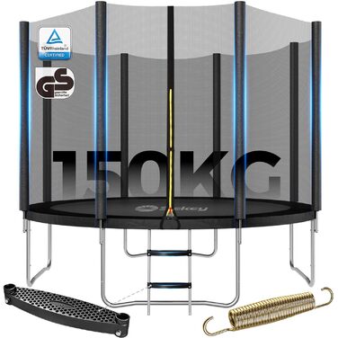 Трамплін Sekey Outdoor Ø 244/305/366 см - сертифікований TÜV Rheinland GS, дитячий, для саду з безпечним мотузковим драбиною, посиленим захисним сіткою та захисним бордюром (Чорний, 366 см/12 футів)