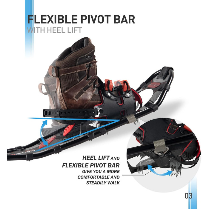 Легкі снігоступи G2 21/25/30 дюймів для жінок, чоловіків та підлітків. Комплект з трекінговими палками, мішком для перенесення, сніговими кошиками, зручною фіксацією та підйомником п'яти. Доступні кольори: помаранчевий, синій, червоний. Макс. вантажопідйомність: 30 дюймів (до 113 кг)