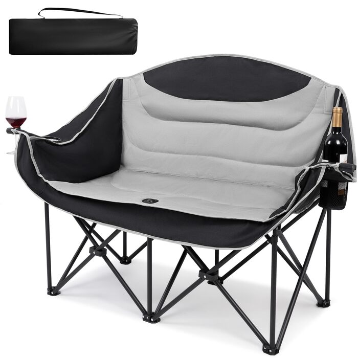 Двомісний розкладний крісло-диван для кемпінгу з підстаканниками, великий, чорно-білий