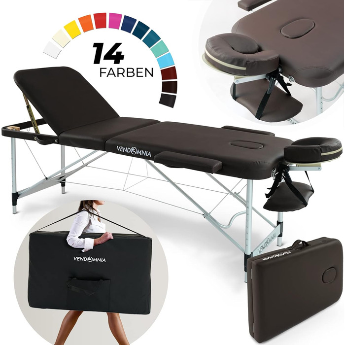 Масажне ліжко VENDOMNIA - алюмінієва, 3 зони, регульована висота, з високоякісною подушкою, сумкою, підлокітниками, складна, коричневе