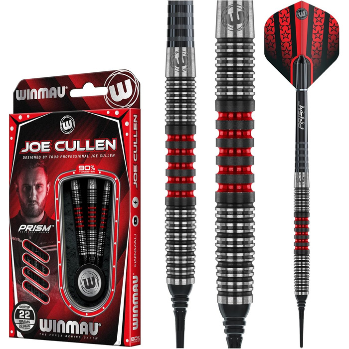 Дротики WINMAU Joe Cullen 22 грамів Softip професійні, вольфрамові, з комплектом хвостовиків і оперення