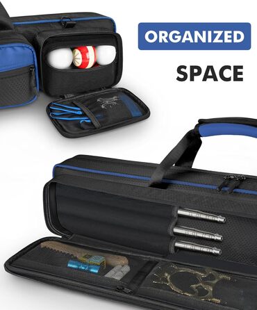 Сумка для більярду, 10 x 13 см, з кишенями на 4 кийки, 5 аксесуарів, з підкладкою, м'яка та міцна, з регульованими плечовими ременями для чоловіків та жінок, синього/чорного кольору