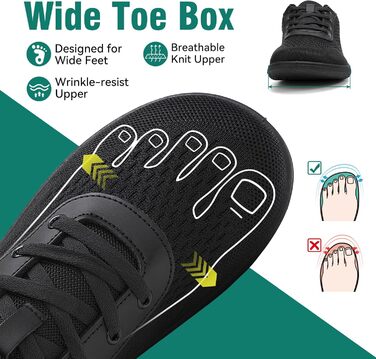 Босижні кросівки для жінок та чоловіків, мінімалістичні босижні взуття з широкою передньою частиною та нульовим перепадом, легкі дихаючі кросівки для фітнесу, хайкінгу, бігу та повсякденного носіння 40 EU широкі чорні 1125