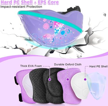 Дитячий шолом та захист для велосипеда/скейтборда, 3-8 років, дівчинка, LED-ліхтарики, регульовані наколінники та налокітники, комплект, фіолетовий, русалка