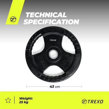 Диск для штанги TREXO з ручками, чавунний, 25 кг, для фітнесу, кросфіту, силових тренувань, ергономічний, довговічний
