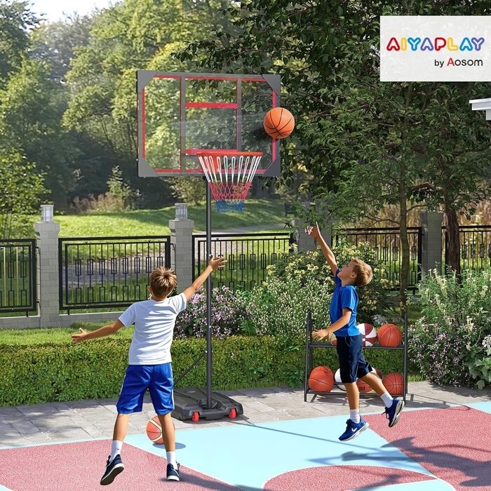 Баскетбольний кошик AIYAPLAY вуличний дитячий з регульованою висотою 210-260 см на колесах, червоний