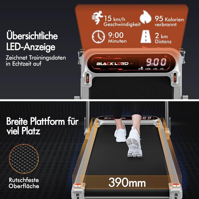 Електричний біговий тренажер BLACK LORD з нахилом 9%, 3.2 PS, Walking Pad 4-в-1 для дому та офісу, 12 програм, динамік, 140 кг