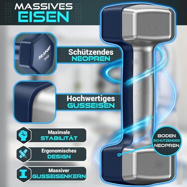 Набір гантелей RE:SPORT® 3 пари (1-5 кг, 12 кг або 18 кг) зі стійкою + 3 фітнес-гумки | Нековзкі гантелі з неопрену для жінок та чоловіків | Набір гантелей 12 кг, блакитний/сірий/темно-синій