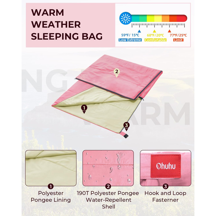 Сплячий мішок Ohuhu, компактний та ультралегкий (900г), літній, ковдровий, для дому та відпочинку, кемпінгу, подорожей, фестивалів (рожевий)