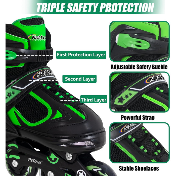 Роликові ковзани Nattork для дітей з підсвічуванням, ролики для катання на вулиці та в приміщенні (37-41, зелені)