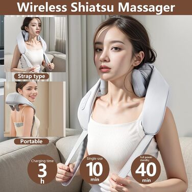 Електричний масажер для шиї та плечей Shiatsu з підігрівом, 4D масаж, бездротовий, для чоловіків та жінок, сірий A