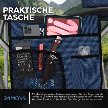 Крісло для кемпінгу 24MOVE® складне, до 150 кг, з підлокітниками, кишенею для напоїв та сумкою, блакитне