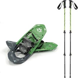 Снігоступи outdoorer SnowClimber M 25 дюймів із підйомником і храповим кріпленням, для активних зимових походів, зелені + алюмінієві палиці