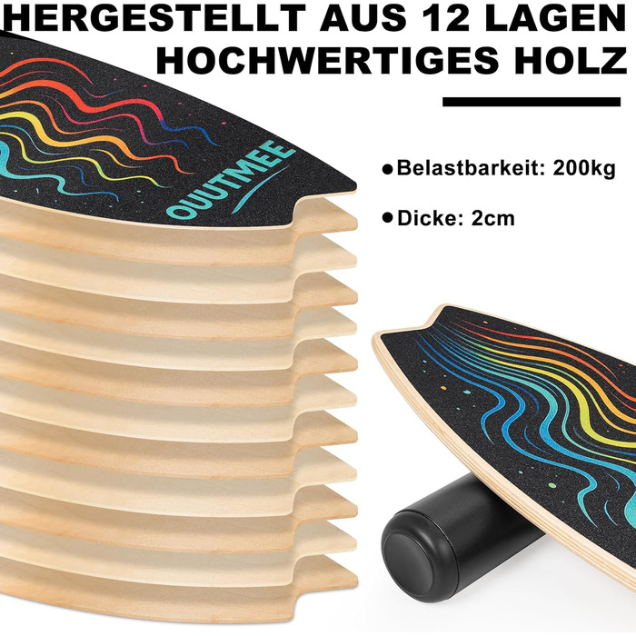 Балансборд Surfin Holz: Дерев'яний балансборд для дітей та дорослих, 6 режимів, тренування рівноваги, 79.5 x 34.5 см, стилі Wellenlinien/S