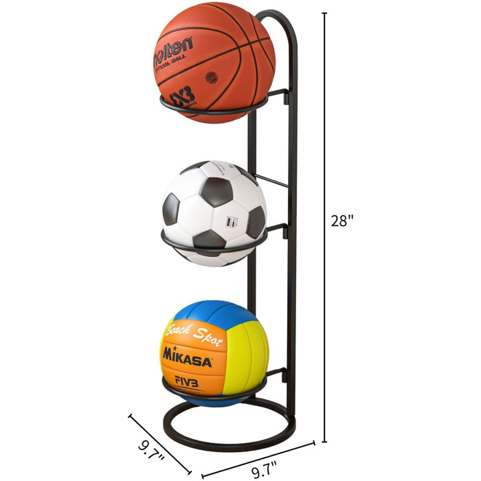 Стійка для м'ячів AGTEK: Органайзер для гаража, 3 кошики для баскетбольних, футбольних та волейбольних м'ячів, чорний