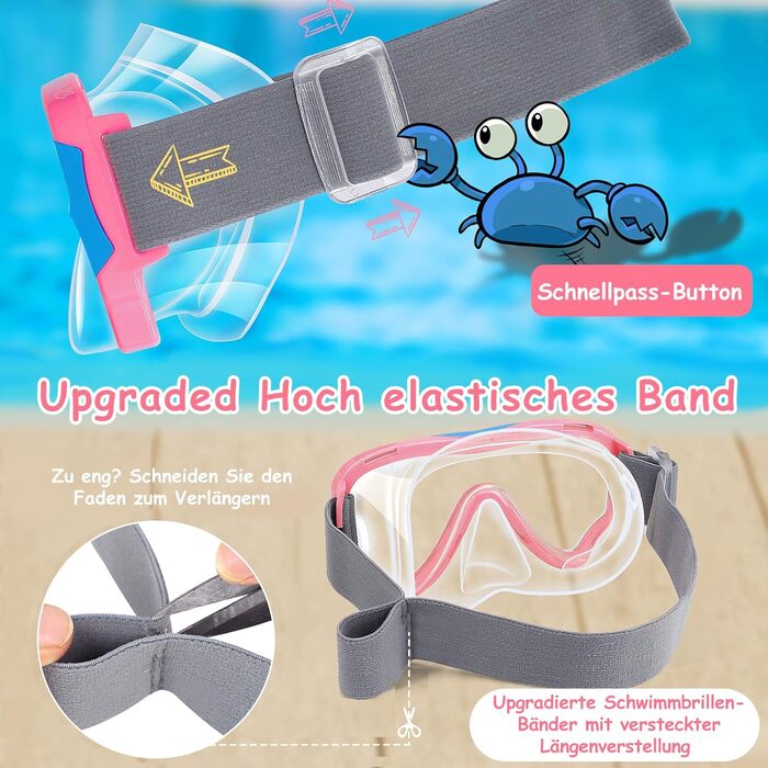 Дитячі маски для снорклінгу Vvinca з тканинним ремінцем, 180° панорама, анти-витік, для дітей 3-13 років (хлопчики та дівчатка), блакитний та рожевий кольори