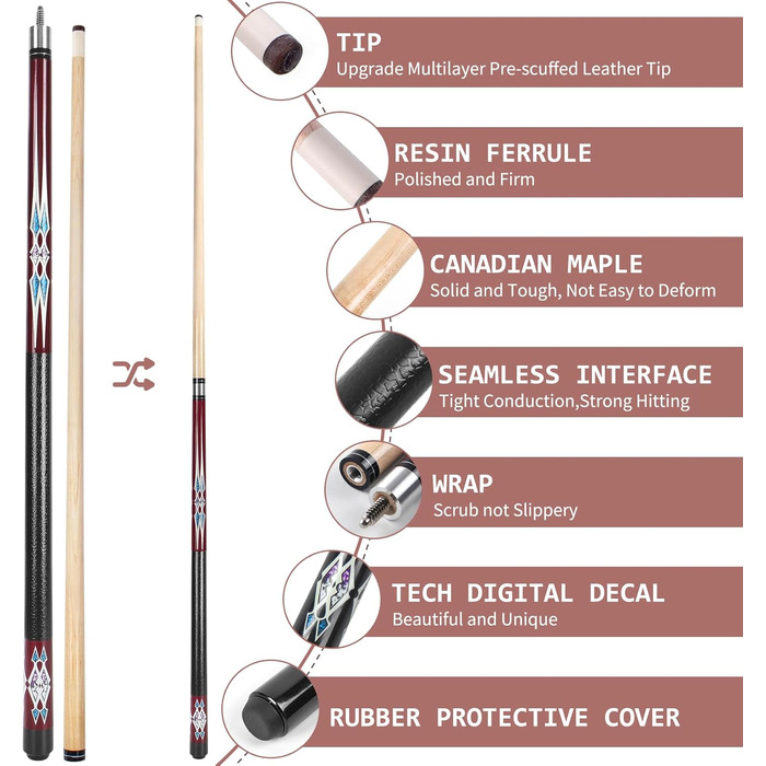 Набір більярдних київ Kmise Pool-Queue-Stick – професійні киї для більярдного столу, канадський клен, для дорослих, 147 см, різні кольори