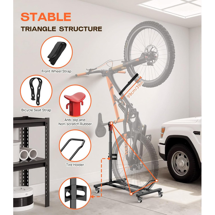 Підставка для велосипеда Housolution вертикальна з колесами, регульована по висоті, без свердління, для гаража та квартири, вантажопідйомність до 80 lbs, 1 шт.
