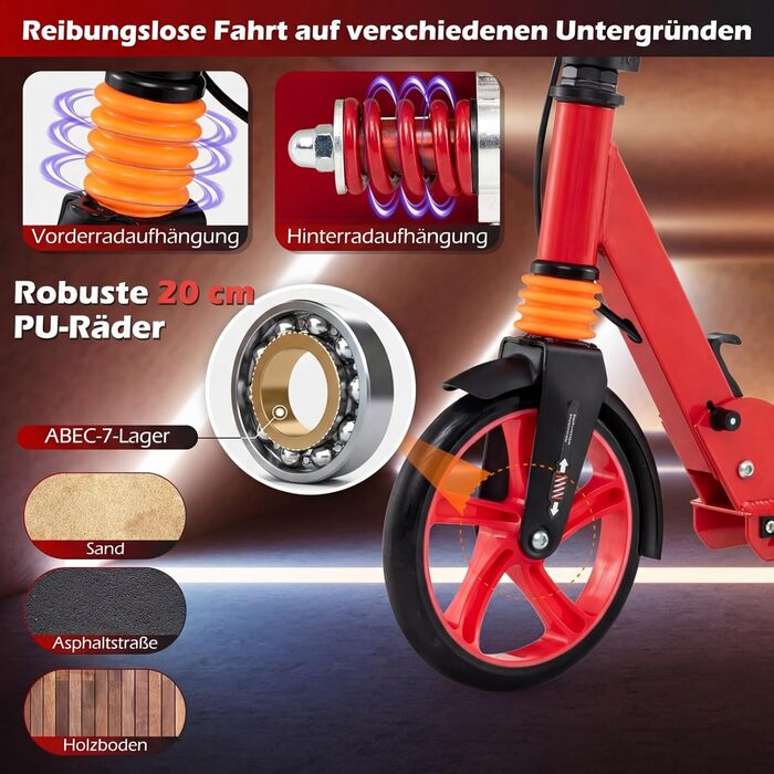 COSTWAY Кискскутер з дзвіночком та підставкою, регульована висота керма, складний, вантажопідйомність до 100 кг, з ременем для перенесення, для дітей та дорослих (червоний)