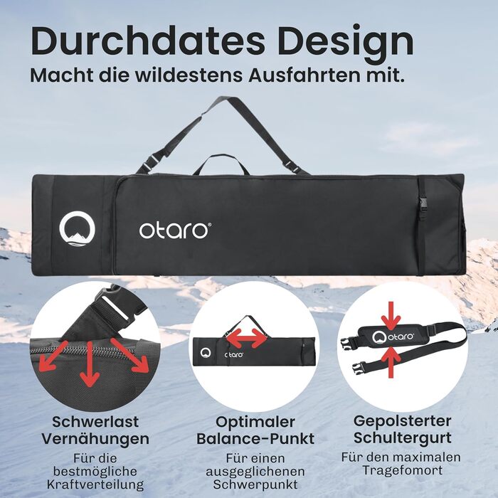 Чохол для сноуборду Otaro | Регульована довжина 140–180 см | Водонепроникний та з підкладкою | Також для вейкборду, лиж, 2 пар лиж | Чорний