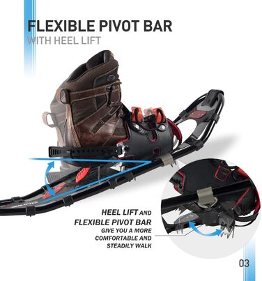 Легкі снігоступи G2 21/25/30 дюймів для жінок, чоловіків та підлітків. Комплект з трекінговими палками, мішком для перенесення, сніговими кошиками, зручною фіксацією та підйомником п'яти. Доступні кольори: помаранчевий, синій, червоний. Макс. вантажопідйомність: 30 дюймів (до 113 кг)