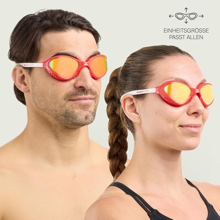 Окуляри для плавання OzeanX чоловічі/жіночі з UV400 захистом, антизапітні з панорамними лінзами XVISION. Гідродинамічні, дзеркальні (червоно-білі/помаранчеві)