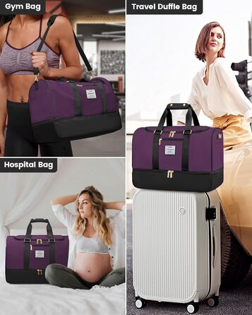 Спортивна сумка LOVEVOOK для подорожей: 37L, з культ. сумкою, відділенням для взуття та мокрих речей. Ідеальна для спортзалу, йоги, подорожей та авіаперельотів. Чорно-фіолетовий колір.